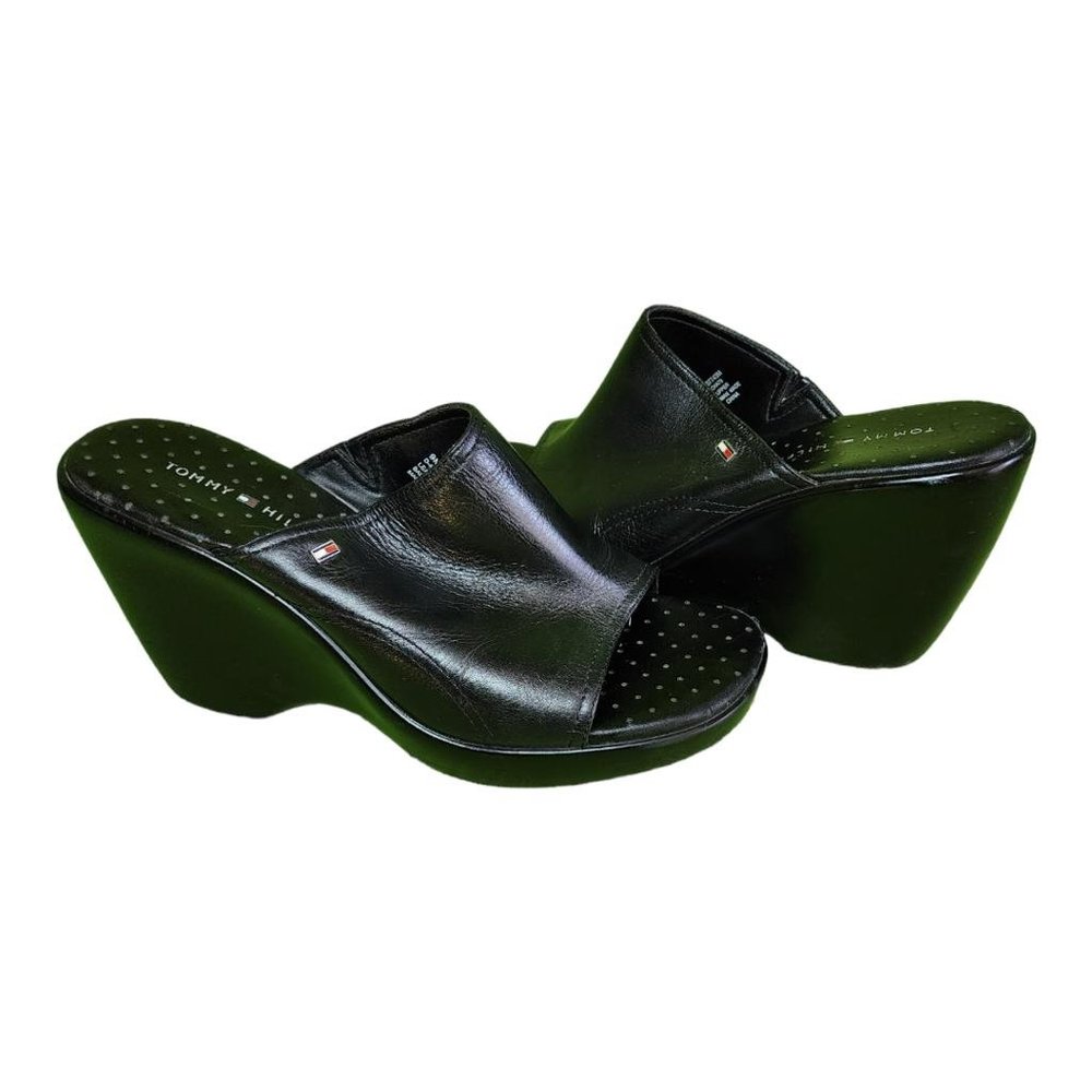 Tommy Hilfiger Black Wedge Heal Slip on Open Toe Shoes